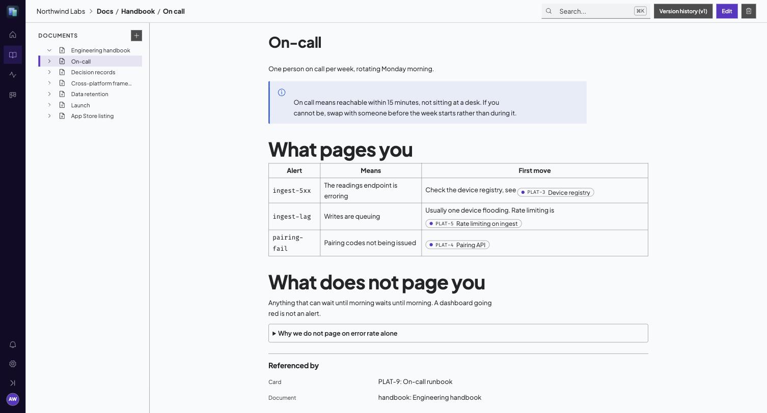 A document with a callout, a table of card references, and its backlinks