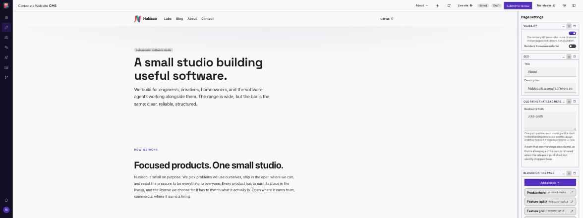 The editor, with the site rendering the open document in the canvas
