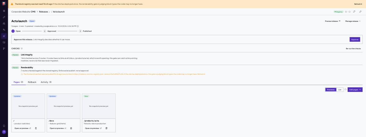 A release with three pages, showing the checks and the Preview release button