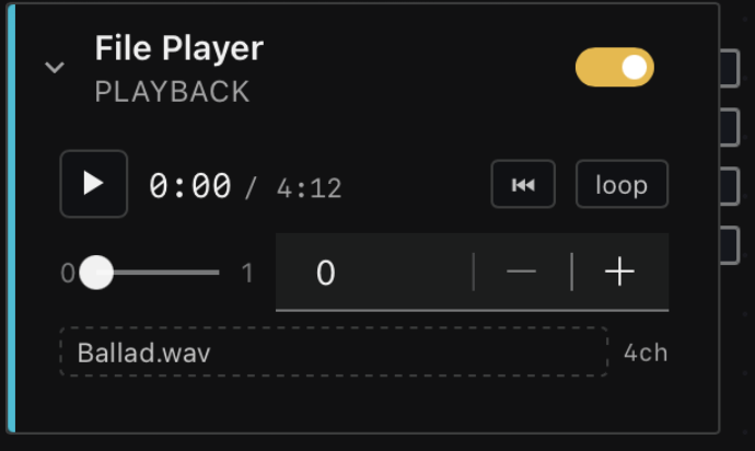 The File Player card on the Wiring canvas, showing the play button, position
and length, rewind and loop buttons, a scrub bar, a gain control, the track name
and its channel count